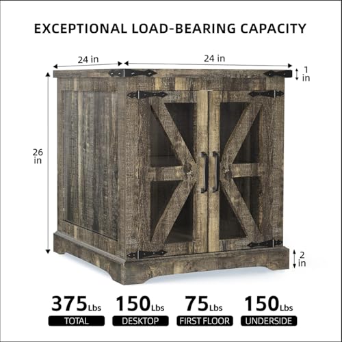 Farmhouse End Table, 24" Large End Tables with Storage, Rustic Square Sofa Beside Table with Glass Barn Door, Wood Side Table Square Nightstand for Living Room, Bedroom, Office (Antique Finish) - color: Antique Finish