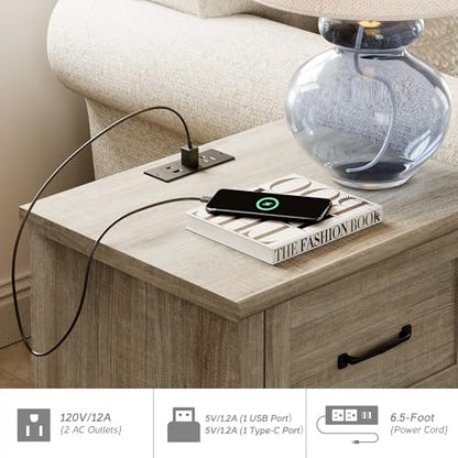 WAMPAT Side Table Nightstand with Charging Station, Farmhouse End Table with Drawer & Shelf for Living Room, Retro Night Stand Light Wood Bedside Table for Bedroom, Grey - color: Grey