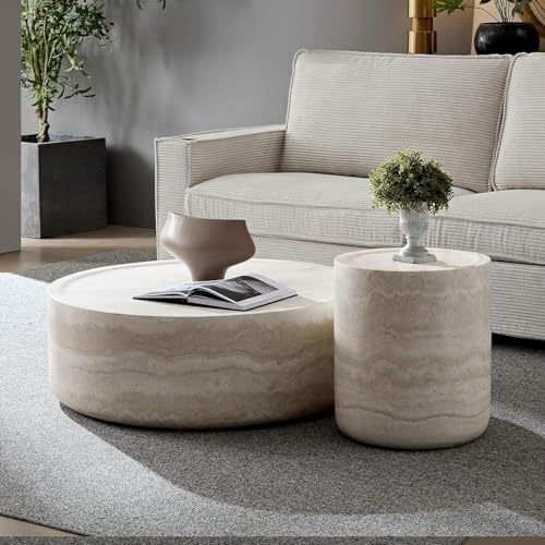 Modern Round Coffee Table End Table Set of 2 Faux Travertine Marble Pattern Circle Coffee Tables Side Table Set for Living Room Apartment No Need Assembly (Fiberglass 2piece) - color: Faux Travertine-round-set of 2
