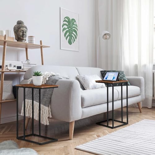 C Shaped Side Table Set of 2, Skinny Sofa Table for Sofa and Bed, Couch Tables That Slide Under, Small End Tables for Living Room, Bedroom or Small Spaces, Rustic Brown - color: Rustic Brown
