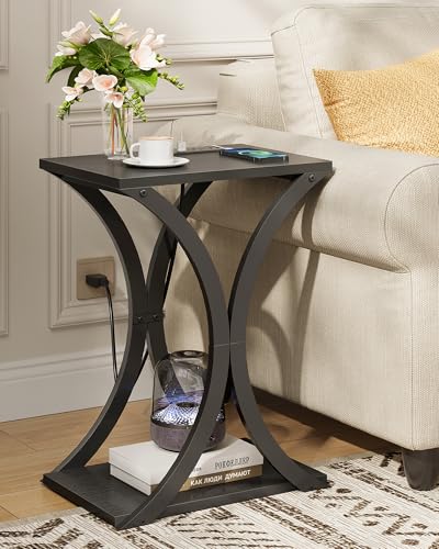 CHOEZON Black End Table with Charging Station, 2-Tier Narrow Side Table, Nightstand with Storage Shelf, for Small Spaces, for Living Room, Bedroom, Black TBZ20UBB - color: Black
