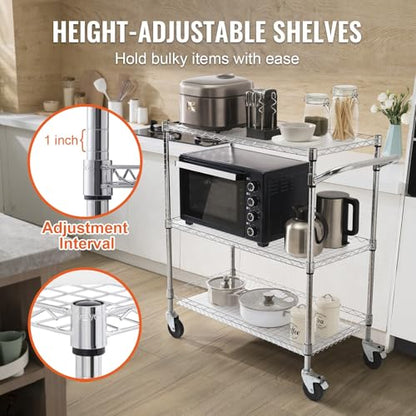 VEVOR Kitchen Utility Cart, 3 Tiers, Wire Rolling Table with 661 LBS Capacity, Steel Service Desk on Wheels, Metal Storage Trolley with 80 mm Deep Basket Curved Handle PP Liner 6 Hooks - size: 18"D x 35"W x 40.9"H