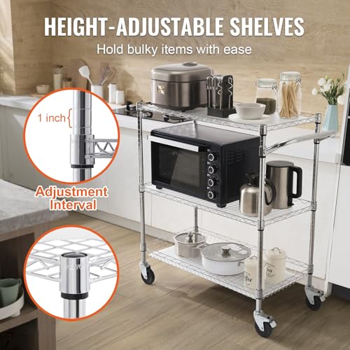 VEVOR Kitchen Utility Cart, 3 Tiers, Wire Rolling Table with 661 LBS Capacity, Steel Service Desk on Wheels, Metal Storage Trolley with 80 mm Deep Basket Curved Handle PP Liner 6 Hooks - size: 18"D x 35"W x 40.9"H