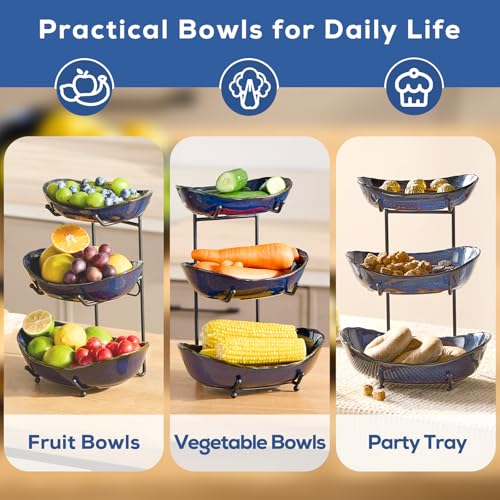 DUJUST 3 Tier Fruit Bowl, Kiln Altered Glaze Ceramic Fruit Stand, Stackable & Easy to Store, Multifunctional Serving Tray for Fruit/Vegetables/Snacks, Microwave & Dishwasher Safe - Dark Blue - color: 3-Tier Dark Blue