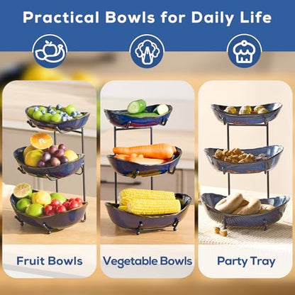 DUJUST 3 Tier Fruit Bowl, Kiln Altered Glaze Ceramic Fruit Stand, Stackable & Easy to Store, Multifunctional Serving Tray for Fruit/Vegetables/Snacks, Microwave & Dishwasher Safe - Dark Blue - color: 3-Tier Dark Blue