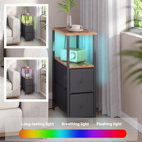 TUTOTAK Small Narrow LED End Table with Charging Station, Side Table Outlets, Nightstand with 2 Cloth Drawers, Set of 2, Couch Table, for Living Room, Bedroom, Bedside, Brown and Black TB01BB056K - color: Brown and Black, style: 2 Drawers with Plug & Ligh