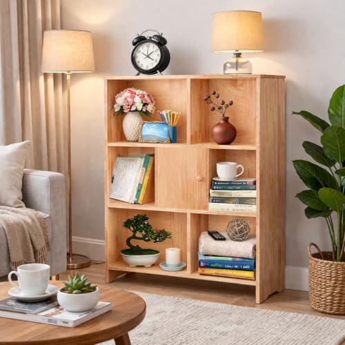 7 Cube Storage Organizer Wooden Bookshelf, 7 Cube Shelf Bookcase, Small Bookshelf Storage Organizer, 7 Cube Storage Shelf for Bedroom, Small Bookshelf for Living Room and Office (Natural, 7) - color: Natural, size: 7 Cube
