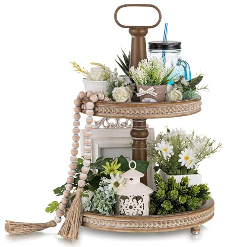 Hanobe 2 Tiered Decorative Trays Stand Boho Coffee Table Decor | Vintage Round Display Centerpieces for Living Room Kitchen Counter - color: Brown