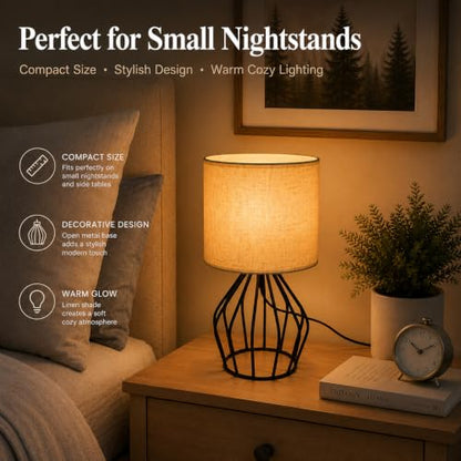 Small Bedside Lamp for Bedroom, Decorative Nightstand Lamp with Black Metal Base and Linen Shade, Cute Table Lamp for Small Spaces, Dorm Room & Apartment