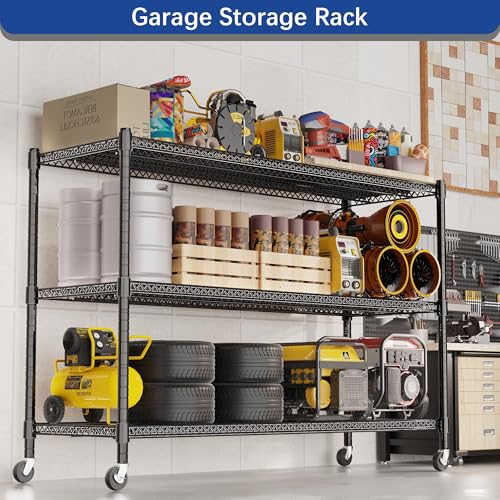 REGILLER 3-Wire Shelf Adjustable Heavy Duty Storage Shelves,Metal Organizer Wire Rack for Laundry Bathroom Kitchen Pantry Closet Garage Shelving with Wheel(Black,24" Dx59.6 Wx47.6 H) - size: 3Tier With Wheel 24"D x 59.6"W x 47.6"H