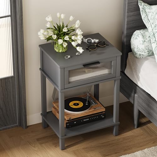 Nightstand Wooden Bedside Table with Drawer Grey Night Stands Modern Style Small End Table Side Table with Storage Shelf for Bedroom Living Room MLBZ10G - color: Grey