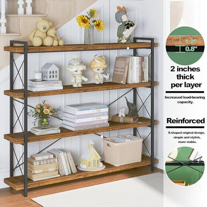 HCHQHS Large Bookshelf, 4-Tier Long Industrial Bookcase, Rustic Brown Book Shelf, Freestanding Horizontal Bookshelves with Metal Frame - color: Rustic Brown, size: 4-Tier (56.7"W x 54.2"H)