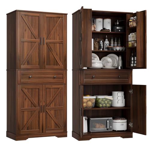 Garvee 71" Kitchen Pantry Cabinet, Barn Door Freestanding Cupboard with Drawer, Sliding Storage Rack, and 6 Hanging Shelves for Kitchen, Dining Room, Living Room Bedroom - color: Walnut