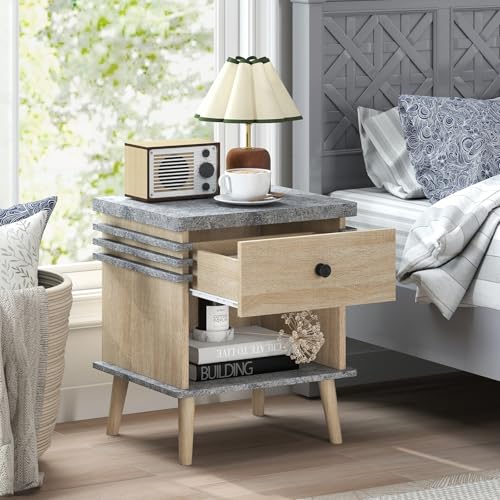 Giantex Modern Nightstand, 3-Tier Bedside Table with Drawer, Open Shelf & Rubber Wood Legs, Color Blocking Sofa Side End Table, Faux Marble Night Stand for Bedroom, Grey & Natural