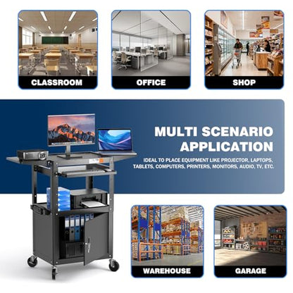 POCHAR Steel AV Cart with Locking Cabinet & Drop Leaves - Adjustable Height Media Carts with Wheels, Pullout Tray, Power Strip - Mobile Workstation Computer Cart for Office Classroom Shop Warehouse - style: Locking Cabinet with Drop Leaves (AVMTK)