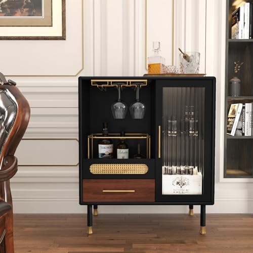 ARTPOWER Modern Coffee Bar Cabinet with Pull-Out Wine Storage, Black | Bar Cart with Wine Glass Rack and Drawers, Liquor Cabinet for Kitchen, Dining Room, Living Room - color: Black