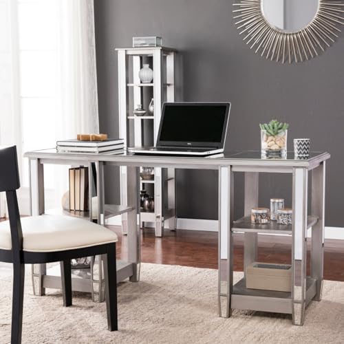 Hassyee Luxury Mirrored Computer Desk Versatile PC Laptop Desk with 4 Open Shelves for Home Office, Tempered Glass Study Writing Table Workstation with Spacious Tabletop for Reading or Doing Homework
