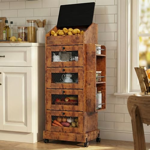 ARTETHYS Potato Storage Bin 5-Tier Rolling Bread Box Cabinet with Side Rack | Onion Keeper with Spice Rack on Wheels, Movable Fruit & Vegetable Container with 4 Ventilated Drawers for Kitchen, Rustic - color: Rustic