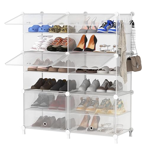 AWTATOS 6 Tiers Shoe Rack Organizer, 24 Pair Shoe Storage Cabinet, Clear | DIY Stackbale Plastic Shoe Organizer Shelves for Closet Entryway Hallway Bedroom - color: Translucent Twill, size: 6 Cube