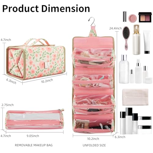 Roll Up Makeup Bag, Travel Toiletry Bag for Women with 4 Clear TSA Approved Pouches, Hanging Travel Organizer, Folding Cosmetic Bag for Men and Women - color: printing