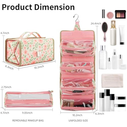 Roll Up Makeup Bag, Travel Toiletry Bag for Women with 4 Clear TSA Approved Pouches, Hanging Travel Organizer, Folding Cosmetic Bag for Men and Women - color: printing