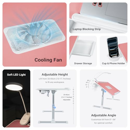 iXTRA Adjustable Laptop Lap Desk with Cooling Fan USB Light for Adults - color: Pink,70x45cm