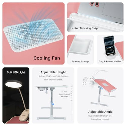 iXTRA Adjustable Laptop Lap Desk with Cooling Fan USB Light for Adults - color: Pink,70x45cm