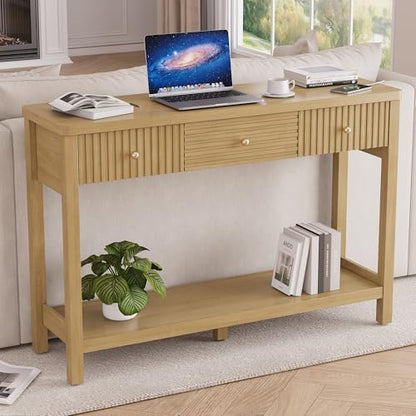 47 Inch Fluted Console Table with Outlets and USB-C Port, Mid Century Modern Sofa Table with 3 Drawers and Open Shelf, Entryway Table with Charging Station for Behind Couch, Hallway, Foyer, Oak