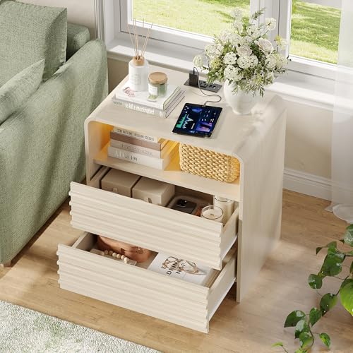 Fameill Fluted Nightstands,Nightstand with Charging Station,LED Night Stand with Two Drawers,Bedside Table with USB Ports and Outlets,Modern End Table for Bedroom (White) - color: White