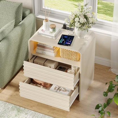 Fameill Fluted Nightstands,Nightstand with Charging Station,LED Night Stand with Two Drawers,Bedside Table with USB Ports and Outlets,Modern End Table for Bedroom (White) - color: White