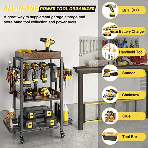 Olakee Power Tool Organizer Garage Storage Organization Shelving Tool Holder Drill Rack Shelf Rolling Cart Open Tool Chest Cabinet Box Organizer with Wheels Workshop Garage Gift Ideas for Men Dad