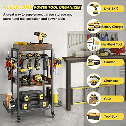 Olakee Power Tool Organizer Garage Storage Organization Shelving Tool Holder Drill Rack Shelf Rolling Cart Open Tool Chest Cabinet Box Organizer with Wheels Workshop Garage Gift Ideas for Men Dad