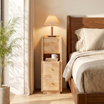 Narrow Nightstand with 4 Drawers, 7.9" Solid Wood Narrow Bedside Table Natural with Open Shelf & Cable Hole, Modern Night Stand Slim Bedside Table for Bedroom(Fully Assembly) - color: Natural