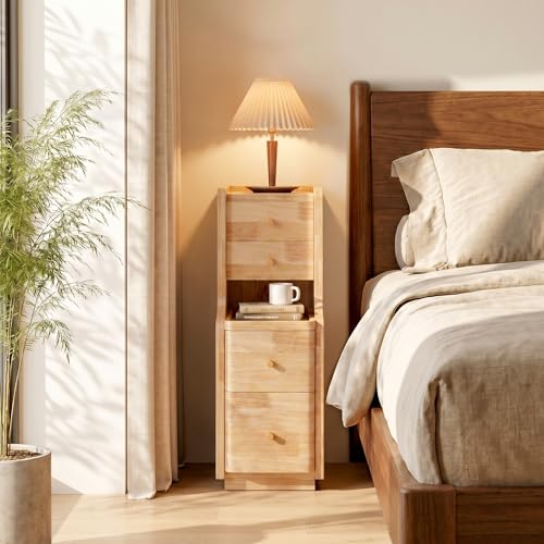 Narrow Nightstand with 4 Drawers, 7.9" Solid Wood Narrow Bedside Table Natural with Open Shelf & Cable Hole, Modern Night Stand Slim Bedside Table for Bedroom(Fully Assembly) - color: Natural