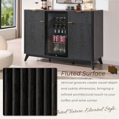 OKD 60" Fluted Coffee Bar Cabinet with Mini Fridge Space, Black and Walnut | Mini Fridge Compatible, Built In Charging Station, 3 Stemware Racks, 2 Drawers, 2 Cabinets, Home Bar Cabinet Storage - color: Black and Walnut
