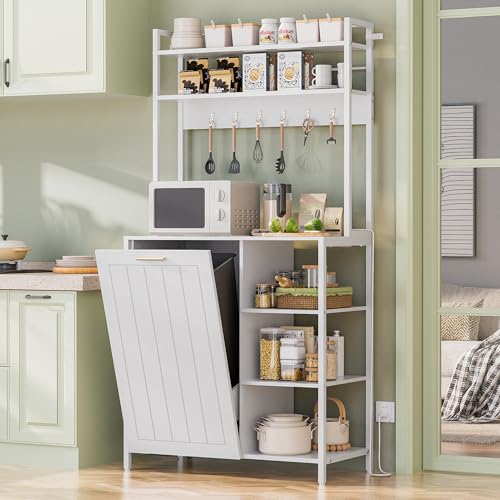 Kitchen Bakers Rack with Storage Shelf - 6-Tier Microwave Stand Oven Cabinet W/Tilting Trash Can Bin and Power Outlet, Farmhouse Thickened Coffee Bar Table Station W/6 Hooks&Adjustable feet - color: White