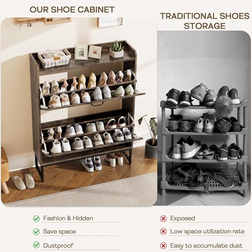 Nicetree Shoe Cabinet with 2 Flip Drawers, Entryway Organizer, Chestnut | Slim Wood Shoe Rack with Metal Legs, Farmhouse Shoe Cabinet Storage for Entryway, Foyer, Hallway, Shoe Dresser with Hook - color: Chestnut
