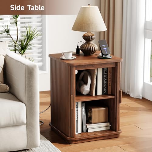 ONBRILL Square End Table with Charging Station, Fluted Storage Nightstand | Mid-Century Modern Accent Side Table with Sliding Door & Sturdy Pedestal, for Small Space, Living Room, Bedroom, Walnut - color: Walnut