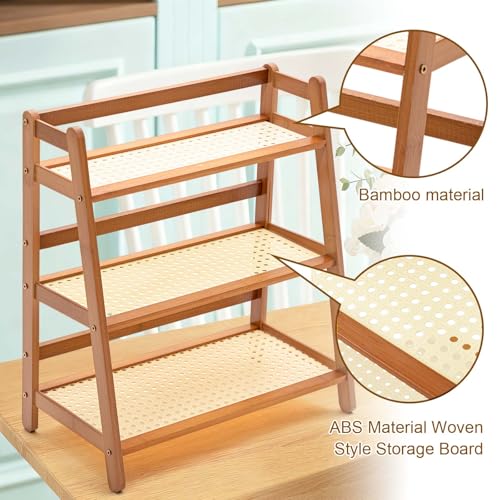 Yalikop 3 Tier Matcha Station Shelf Bamboo Coffee Mug Stand Countertop Storage Rack,Three Layer Rattan Office Cup, Kitchen, Tea, Plant, Bar Accessories Condiment Display(Brown)