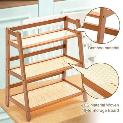 Yalikop 3 Tier Matcha Station Shelf Bamboo Coffee Mug Stand Countertop Storage Rack,Three Layer Rattan Office Cup, Kitchen, Tea, Plant, Bar Accessories Condiment Display(Brown)