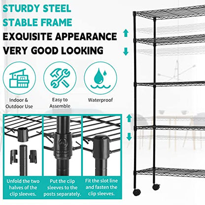 BLKMTY 5-Tier Heavy Duty Shelving, Steel Wire Shelving Unit, 1250 Lbs Capacity Adjustable Garage Shelves with Lockable Casters, 14 D x 30 W x 60 H, NSF Certified for Pantry Warehouse, Black - color: Black, size: 5 Tire: 13.9" D x 30" W x 61.2" H