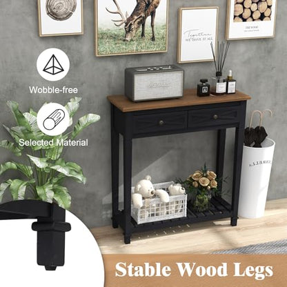 Kinpaw Narrow Console Table with Storage- Black Entryway Table, Small Sofa Table with Drawer & Storage Shelf for Hallway, Entryway, Foyer, Behind Couch, Living Room Furniture, Wood - color: Black-2 Drawers