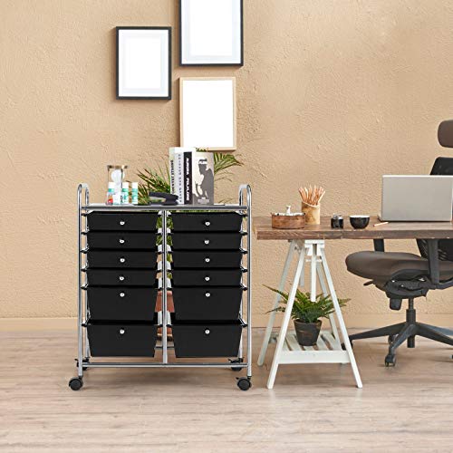 DREAMADE Rolling Cart with Storage Drawers, Utility Cart with Removable Plastic Drawers, Lockable Wheels, Art Cart for Classroom Organization Art Supplies Office Scrapbook (12 Drawers, Black) - color: Black, style: 12 Drawers