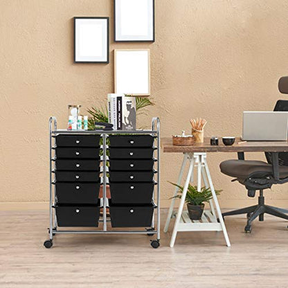 DREAMADE Rolling Cart with Storage Drawers, Utility Cart with Removable Plastic Drawers, Lockable Wheels, Art Cart for Classroom Organization Art Supplies Office Scrapbook (12 Drawers, Black) - color: Black, style: 12 Drawers