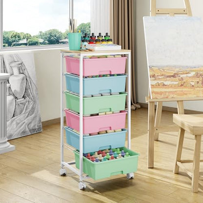 Rolling Storage Cart with 6 Drawers and Wooden Tabletop, Lockable Wheels Utility Cart for Art Studios, Office Supplies & Craft Room Organization (Rainbow) - color: Rainbow