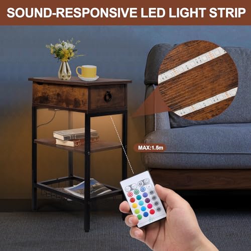 Narrow Nightstand with LED Light, End Tables Bedroom with Charging Station, LED Side Table Living Room with Drawer Storage, Small Bedside Table with Ports and Outlets for Gaming Room - color: Rustic Brown With Light, style: Modern