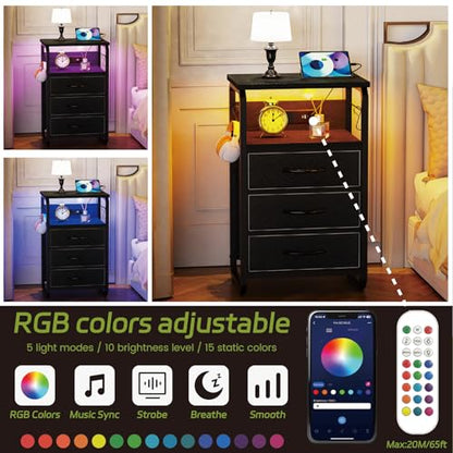runjuly Bedside Table with 3 Fabric Drawers, LED Nightstand with Hooks, Metal Night Stand, Small End Table with Charging Station and Storage, Night Table for Bedroom, Modern Black - color: Black, style: 3 Drawers