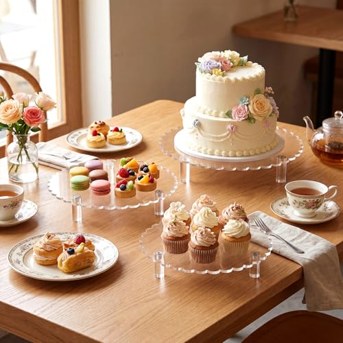 Lineshading 3 Pcs Scalloped Acrylic Display Riser Clear Scalloped Stand Clear Pedestal Riser Board for Cake Plant Dessert Jewelry Collectible Cupcake Figure Wedding Birthday Party Decor(5'', 6'', 8'') - size: 6'',8'',10'', style: Scalloped