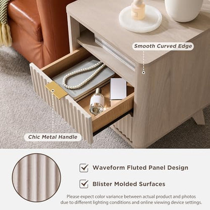T4TREAM Fluted Nightstand with Charging Station, 18" Modern Side Table with 2 Drawers, End Table w/Storage, Bedside for Bedroom, Living Room, Curved Profile Design, White Alder - color: White Alder