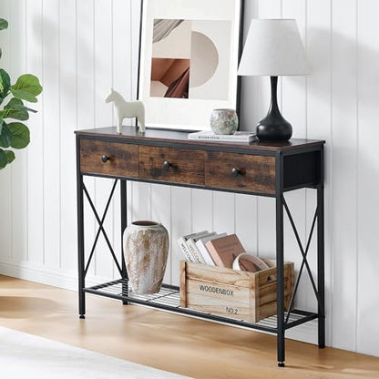 FAVOOSTY Entryway Table, 39.8" Console Table with 3 Fabric Drawers Narrow Console Table with 2-Tier Storage Shelves,Display Shelf for Living Room, Hallway, Entrance, Foyer, Office Rustic Brown